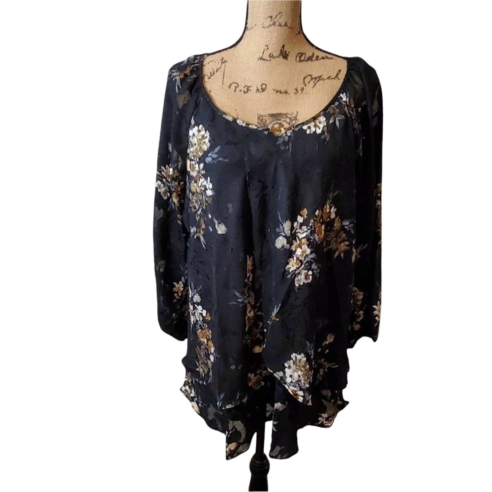 Blousology Womens 2X Black Floral‎ Burnout Balloon Sleeve Scoop Neck Blouse NWT